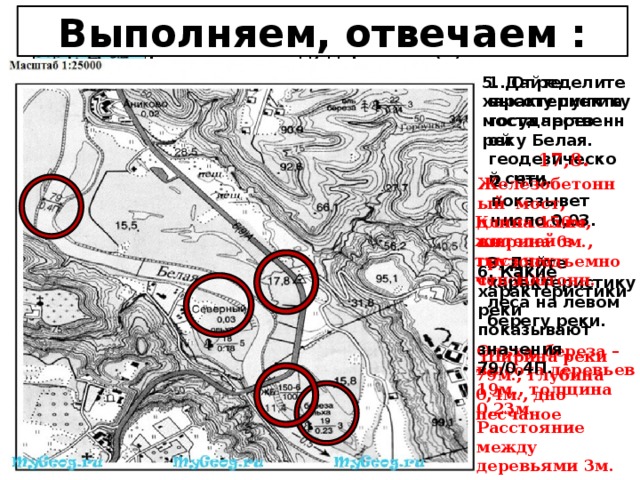 Выполняем, отвечаем : 20 – высота деревьев (м), 0,2 – толщина стволов (м), 6- расстояние между деревьями (м). 1. Определите высоту пункта государственной геодезической сети. 5. Дайте характеристику моста через реку Белая.   17,8.   2. Что показывет число 0,03. Железобетонный  мост, длина 150м, ширина 6м., грузоподъемность 100тонн.  Количество жителей в тысячах человек.  3. Дайте характеристику леса на левом берегу реки. 6. Какие характеристики реки показывают значения 79/0,4П. Ольха, береза – высота деревьев 19м., толщина 0,23м. Расстояние между деревьями 3м.   Ширина реки 79м., глубина 0,4м., дно песчаное 