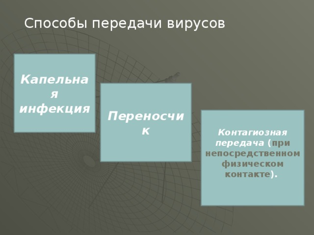 Способы передачи вирусов Капельная инфекция  Переносчик Контагиозная передача ( при непосредственном физическом контакте ). 
