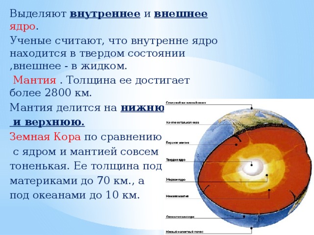 Выделяют внутреннее и внешнее ядро . Ученые считают, что внутренне ядро находится в твердом состоянии ,внешнее - в жидком.  Мантия . Толщина ее достигает более 2800 км. Мантия делится на нижнюю  и верхнюю. Земная Кора по сравнению  с ядром и мантией совсем тоненькая. Ее толщина под материками до 70 км., а под океанами до 10 км. 