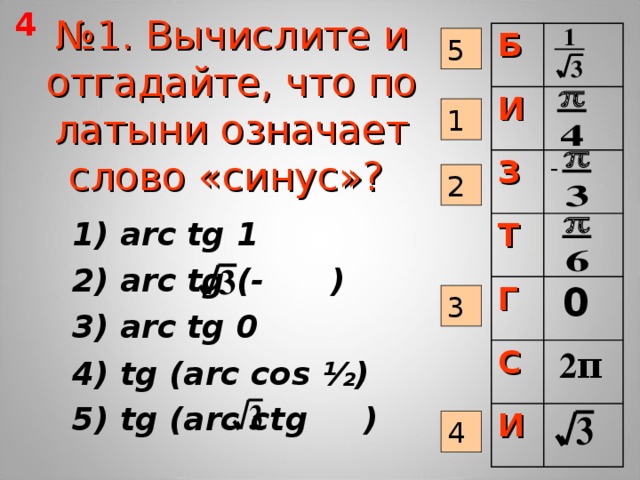 4 № 1. Вычислите и отгадайте, что по латыни означает слово «синус»?  Б И З - Т Г  0 С  2π  И 5 1 2  1) arc tg 1  2) arc tg (-  )  3) arc tg 0  4) tg (arc cos ½)  5) tg (arc ctg  )  3 4 