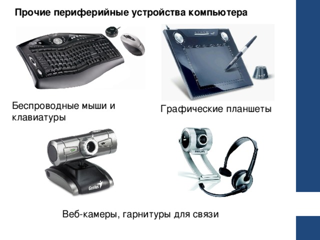 Прочие периферийные устройства компьютера Беспроводные мыши и клавиатуры Графические планшеты Веб-камеры, гарнитуры для связи 