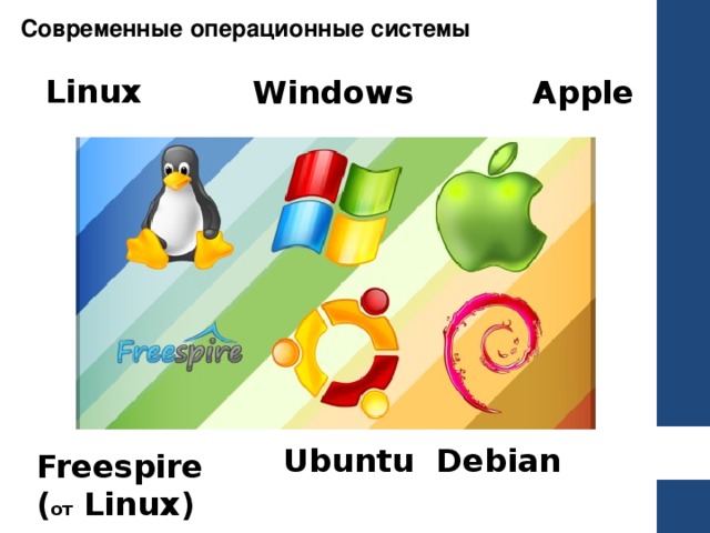 Современные операционные системы Linux Windows Apple Debian Ubuntu Freespire ( от  Linux) 