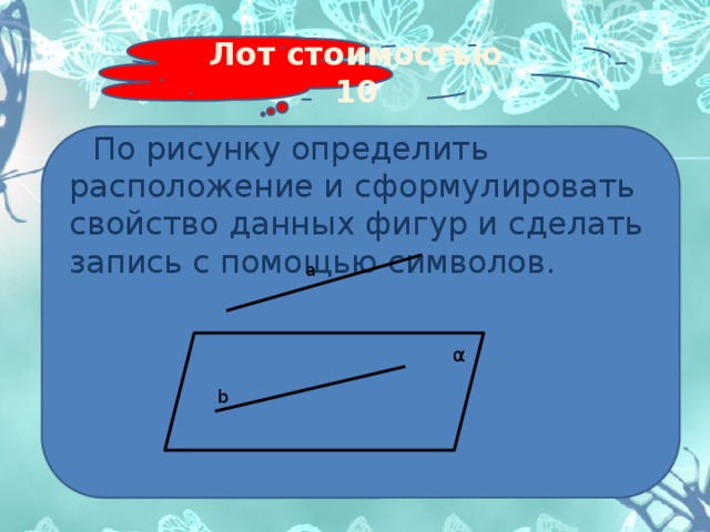 Лот стоимостью 10  По рисунку определить расположение и сформулировать свойство данных фигур и сделать запись с помощью символов. a α b 