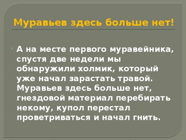 Муравьев здесь больше нет! А на месте первого муравейника, спустя две недели мы обнаружили холмик, который уже начал зарастать травой. Муравьев здесь больше нет, гнездовой материал перебирать некому, купол перестал проветриваться и начал гнить. 