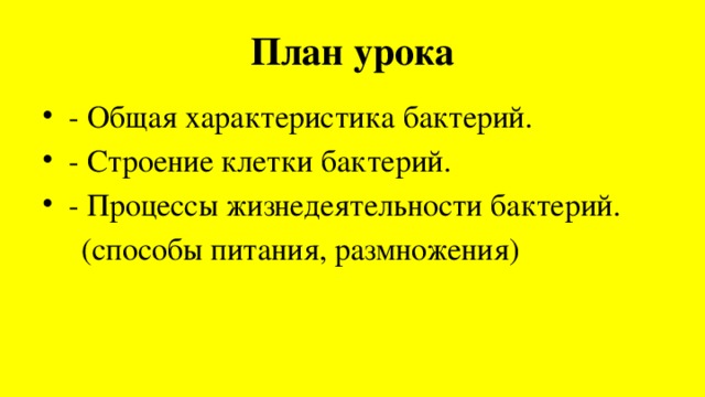 План урока - Общая характеристика бактерий. - Строение клетки бактерий. - Процессы жизнедеятельности бактерий.  (способы питания, размножения) 