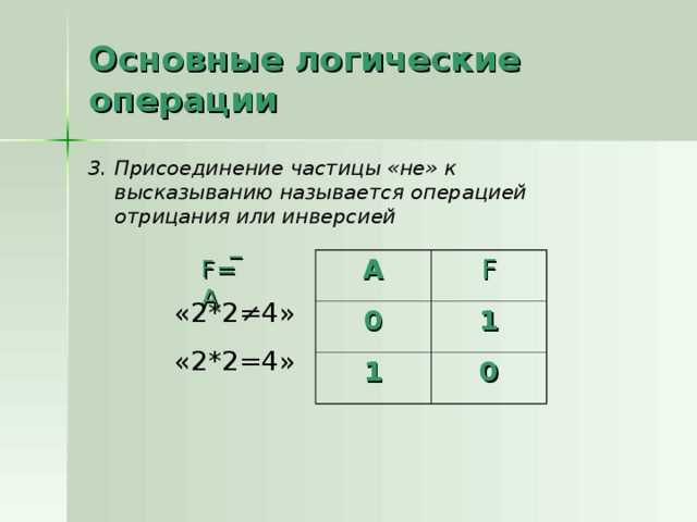 Основные логические операции 3. Присоединение частицы «не» к высказыванию называется операцией отрицания или инверсией _ F= А А 0 F 1 1 0 «2*2 ≠4 » «2*2=4» 