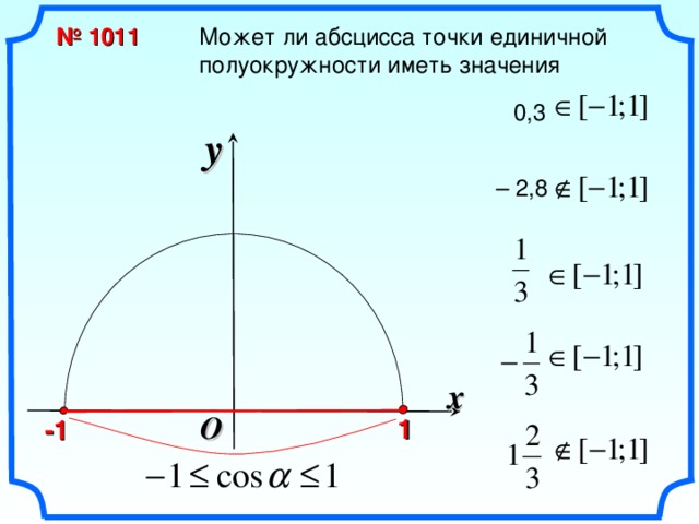  № 1011 Может ли абсцисса точки единичной полуокружности иметь значения 0,3 y – 2,8 «Геометрия 7-9» Л.С. Атанасян и др. x O 1 -1 9 