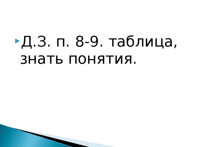 Д.З. п. 8-9. таблица, знать понятия. 