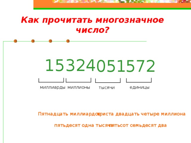 Как прочитать многозначное число? 324 15 572 051 миллиарды миллионы единицы тысячи Пятнадцать миллиардов триста двадцать четыре миллиона пятьдесят одна тысяча пятьсот семьдесят два 