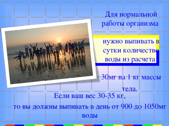 Для нормальной работы организма   нужно выпивать в сутки количество воды из расчета   30мг на 1 кг массы тела.  Если ваш вес 30-35 кг, то вы должны выпивать в день от 900 до 1050мг воды 