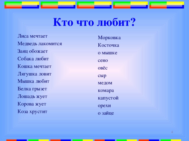 Кто что любит? Лиса мечтает Медведь лакомится Заяц обожает Собака любит Кошка мечтает Лягушка ловит Мышка любит Белка грызет Лошадь жует Корова жует Коза хрустит Морковка Косточка о мышке сено овёс сыр медом комара капустой орехи о зайце  