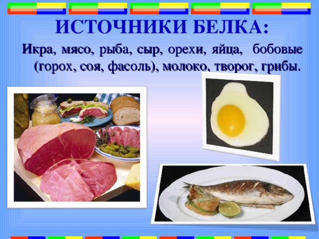 ИСТОЧНИКИ БЕЛКА: Икра, мясо, рыба, сыр, орехи, яйца, бобовые (горох, соя, фасоль), молоко, творог, грибы. 
