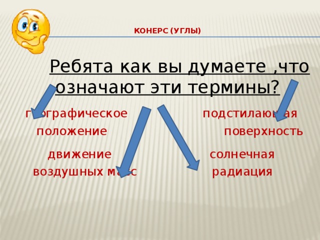    КОНЕРС (УГЛЫ)    Ребята как вы думаете ,что означают эти термины?  географическое подстилающая  положение поверхность  движение солнечная  воздушных масс радиация 