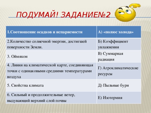  Подумай! Задание№2 1.Соотношение осадков и испаряемости А) «полюс холода» 2.Количество солнечной энергии, достигшей поверхности Земли. Б) Коэффициент увлажнения 3. Оймякон В) Суммарная радиация 4. Линия на климатической карте, соединяющая точки с одинаковыми средними температурами воздуха Г) Агроклиматические ресурсы 5. Свойства климата Д) Пыльные бури 6. Сильный и продолжительные ветер, выдувающий верхний слой почвы Е) Изотермия 