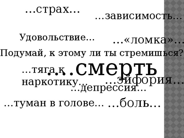 … страх… … зависимость… Удовольствие… … «ломка»… Подумай, к этому ли ты стремишься? … .смерть … тяга к наркотику… … эйфория… … депрессия… … боль… … туман в голове… 