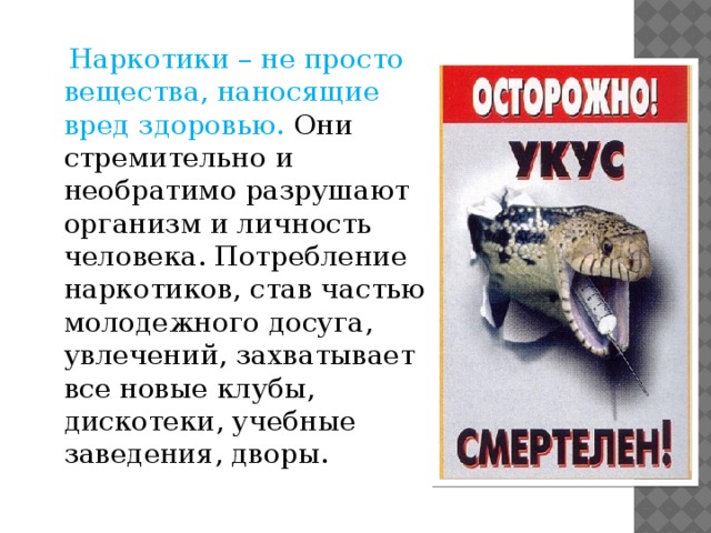  Наркотики – не просто вещества, наносящие вред здоровью. Они стремительно и необратимо разрушают организм и личность человека. Потребление наркотиков, став частью молодежного досуга, увлечений, захватывает все новые клубы, дискотеки, учебные заведения, дворы. 