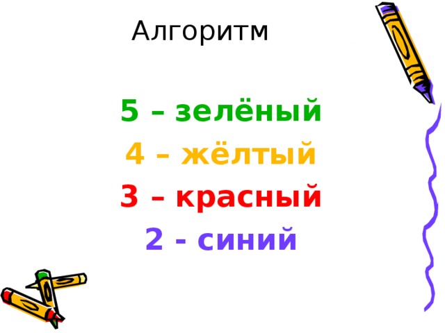 Алгоритм 5 – зелёный 4 – жёлтый 3 – красный 2 - синий 