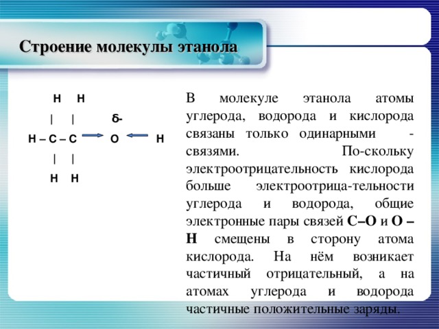 Строение молекулы этанола В молекуле этанола атомы углерода, водорода и кислорода связаны только одинарными - связями. По-скольку электроотрицательность кислорода больше электроотрица-тельности углерода и водорода, общие электронные пары связей С–О и О – Н смещены в сторону атома кислорода. На нём возникает частичный отрицательный, а на атомах углерода и водорода частичные положительные заряды.  Н Н  | | δ- Н – С – С О Н   | |  Н Н 