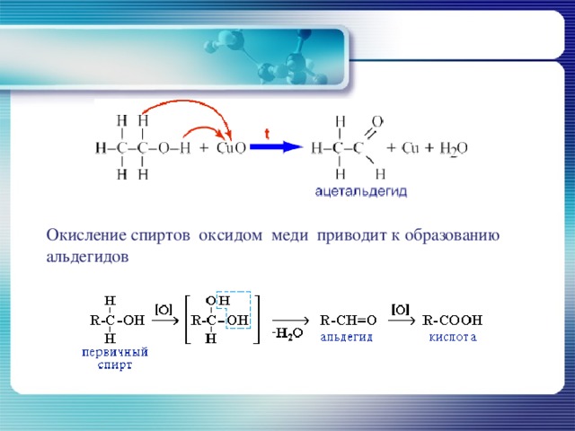 Окисление спиртов оксидом меди приводит к образованию альдегидов 