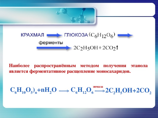 Наиболее распространённым методом получения этанола является ферментативное расщепление моносахаридов. зимаза С 6 H 10 O 5 ) n +nH 2 O C 6 H 12 O 6 2С 2 Н 5 OH+2CO 2 