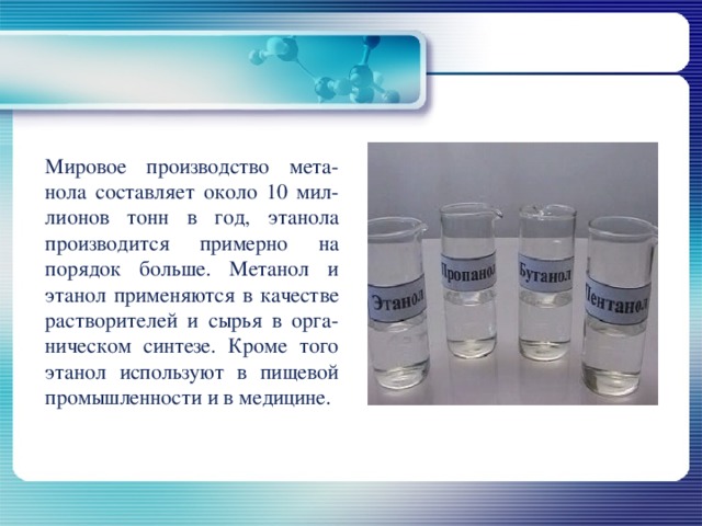 Мировое производство мета-нола составляет около 10 мил-лионов тонн в год, этанола производится примерно на порядок больше. Метанол и этанол применяются в качестве растворителей и сырья в орга-ническом синтезе. Кроме того этанол используют в пищевой промышленности и в медицине. 