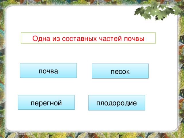 Одна из составных частей почвы почва песок плодородие перегной 