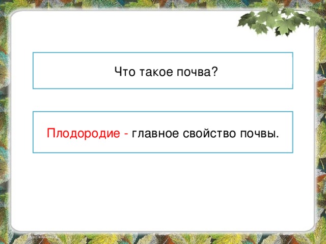 Почва – это верхний плодородный слой земли. Что такое почва? Какое главное свойство почвы? Плодородие - главное свойство почвы. 