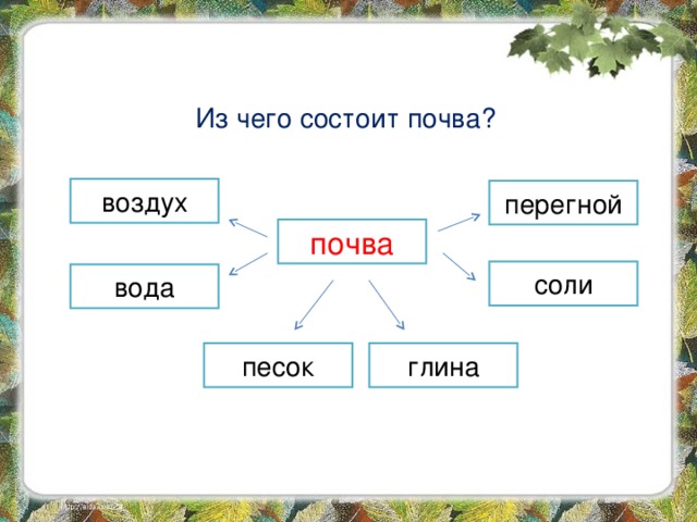 Из чего состоит почва? воздух перегной почва соли вода песок глина 