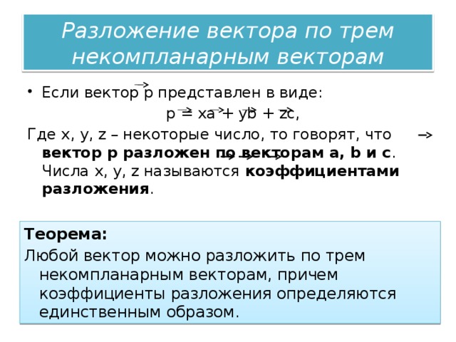 Презентация разложение вектора по трем некомпланарным векторам 10 класс атанасян