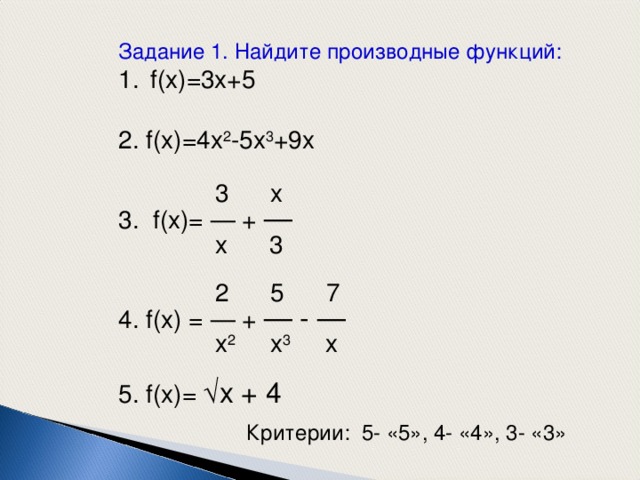 Задание 1. Найдите производные функций: f(x)=3x+5  2. f(x)=4x 2 -5x 3 +9x  3 x 3. f(x)= — + —  x 3   2 5 7 4. f(x) = — + — - —  x 2 x 3 x 5. f(x)=  x + 4 Критерии: 5- «5», 4- «4», 3- «3» 