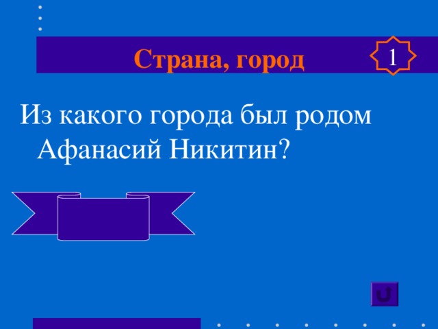 Страна, город 1 Из какого города был родом Афанасий Никитин?   Тверь 