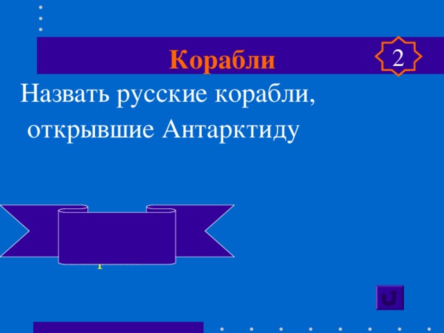 Корабли 2 Назвать русские корабли,  открывшие Антарктиду  «Восток»  «Мирный» 