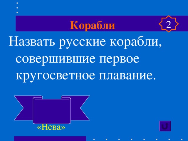 Корабли 2 Назвать русские корабли, совершившие первое кругосветное плавание.    «Надежда»  «Нева»  