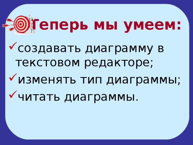 Теперь мы умеем: создавать диаграмму в текстовом редакторе; изменять тип диаграммы; читать диаграммы. 