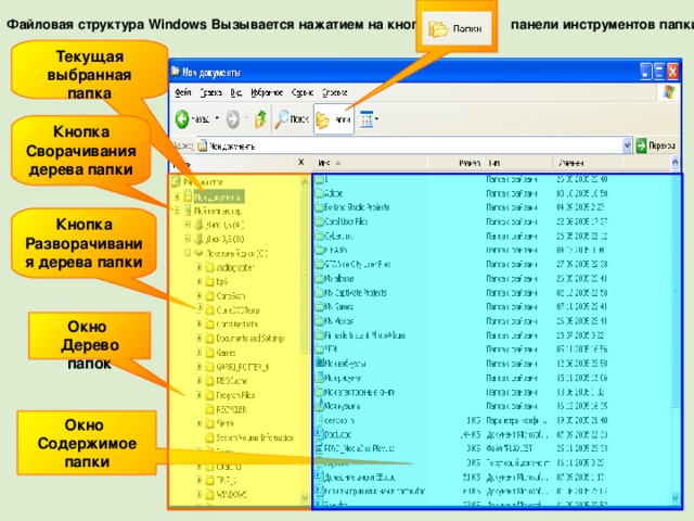 Файловая структура Windows Вызывается нажатием на кнопку Файловая структура Windows Вызывается нажатием на кнопку Файловая структура Windows  Вызывается нажатием на кнопку  панели инструментов папки Текущая выбранная папка Кнопка Сворачивания дерева папки Кнопка Разворачивания дерева папки Окно Дерево папок  Окно Содержимое папки 