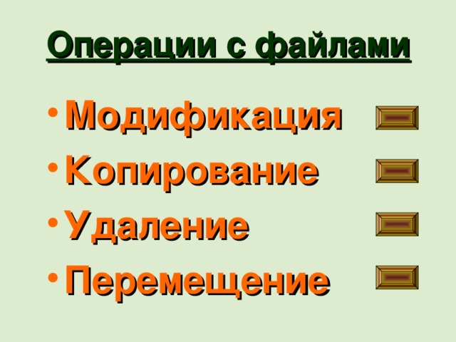 Операции с файлами Модификация Копирование Удаление Перемещение 