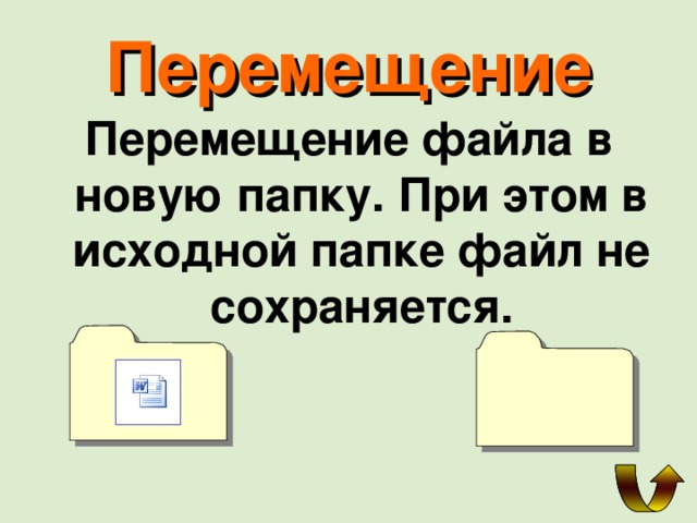 Перемещение Перемещение файла в новую папку. При этом в исходной папке файл не сохраняется. 