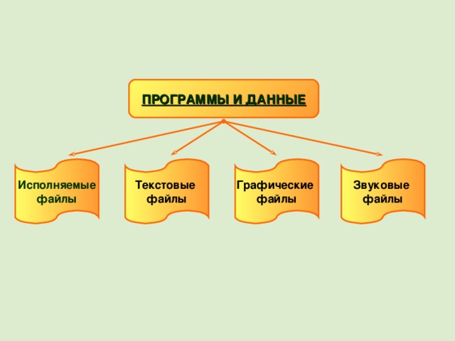 ПРОГРАММЫ И ДАННЫЕ Исполняемые файлы Текстовые файлы Графические файлы Звуковые файлы 