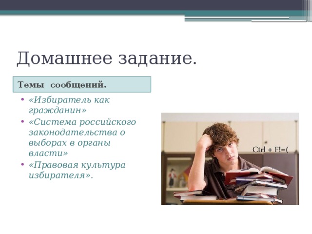 Домашнее задание. Темы сообщений. «Избиратель как гражданин» «Система российского законодательства о выборах в органы власти» «Правовая культура избирателя». 