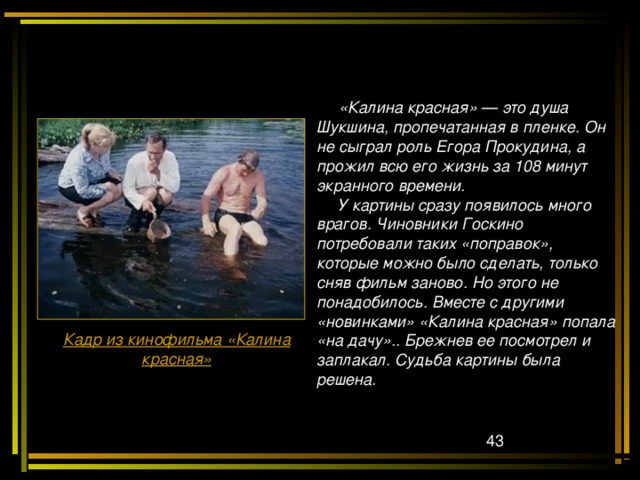  «Калина красная» — это душа Шукшина, пропечатанная в пленке. Он не сыграл роль Егора Прокудина, а прожил всю его жизнь за 108 минут экранного времени.  У картины сразу появилось много врагов. Чиновники Госкино потребовали таких «поправок», которые можно было сделать, только сняв фильм заново. Но этого не понадобилось. Вместе с другими «новинками» «Калина красная» попала «на дачу».. Брежнев ее посмотрел и заплакал. Судьба картины была решена.  Кадр из кинофильма «Калина красная» 