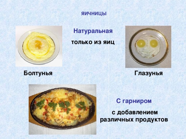 ЯИЧНИЦЫ Натуральная только из яиц Болтунья Глазунья С гарниром  с добавлением различных продуктов 