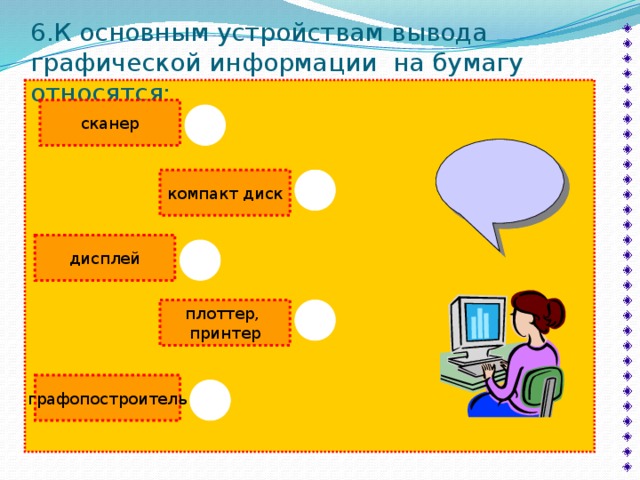 6.К основным устройствам вывода графической информации на бумагу относятся:  сканер компакт диск дисплей плоттер, принтер графопостроитель 