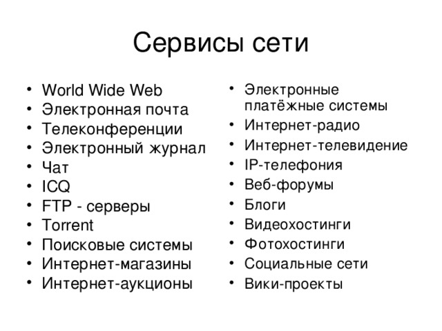 Сервисы сети World Wide Web Электронная почта Телеконференции Электронный журнал Чат ICQ FTP - серверы Torrent Поисковые системы Интернет-магазины Интернет-аукционы Электронные платёжные системы Интернет-радио Интернет-телевидение IP- телефония Веб-форумы Блоги Видеохостинги Фотохостинги Социальные сети Вики-проекты 