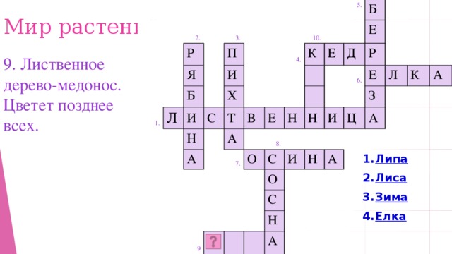 2. Р 1. 3. Я Л Б П И И С Х Н 4. Т 10. А В 5. А К Е Б 7. Е Н О 8. Е Д С Н 6. Р 9 И О Е И С З Ц Л Н А К А Н А А Мир растений 9. Лиственное дерево-медонос. Цветет позднее всех. Липа Лиса Зима Елка  