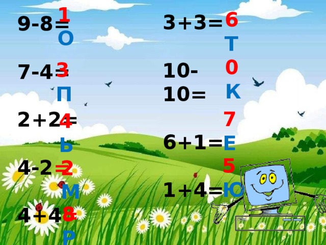 1  О 6 Т 3+3=  10-10=  6+1=  1+4= 9-8=  7-4=  2+2=  4-2 =  4+4 =  0  К 3 П 7  Е 4 Ь 5  Ю 2 М  8  Р 