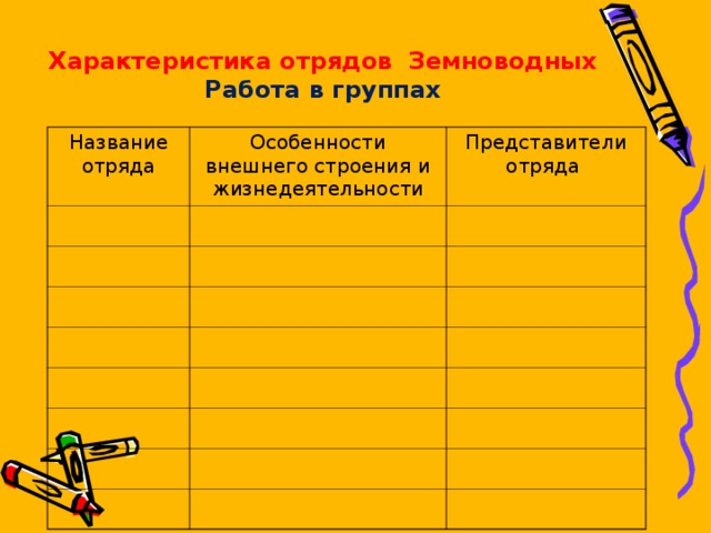 Характеристика отрядов Земноводных  Работа в группах Название отряда Особенности внешнего строения и жизнедеятельности Представители отряда  