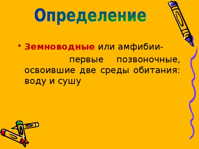 Земноводные или амфибии-  первые позвоночные, освоившие две среды обитания: воду и сушу  