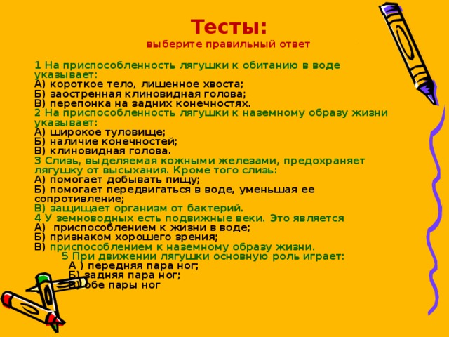 Тесты:  выберите правильный ответ 1 На приспособленность лягушки к обитанию в воде указывает: А) короткое тело, лишенное хвоста; Б) заостренная клиновидная голова; В) перепонка на задних конечностях. 2 На приспособленность лягушки к наземному образу жизни указывает: А) широкое туловище; Б) наличие конечностей; В) клиновидная голова. 3 Слизь, выделяемая кожными железами, предохраняет лягушку от высыхания. Кроме того слизь: А) помогает добывать пищу; Б) помогает передвигаться в воде, уменьшая ее сопротивление; В) защищает организм от бактерий. 4 У земноводных есть подвижные веки. Это является А) приспособлением к жизни в воде; Б) признаком хорошего зрения; В) приспособлением к наземному образу жизни.  5 При движении лягушки основную роль играет:  А ) передняя пара ног;  Б) задняя пара ног;  В) обе пары ног   