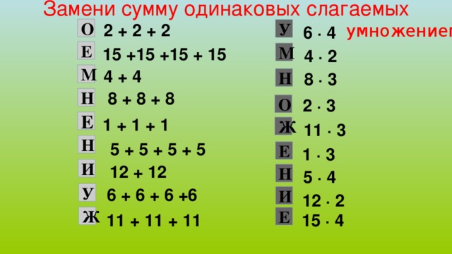 Замени каждое число сумма одинаковых слагаемых. Замени сумму одинаковых слагаемых умножением. Умножение заменить суммой.