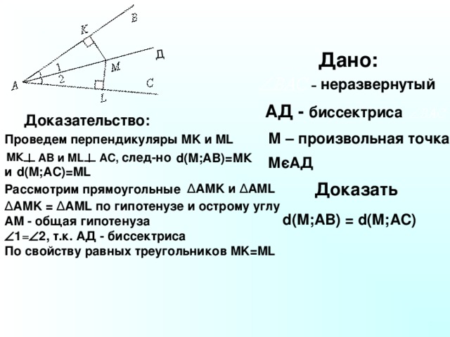 Построить биссектрису данного неразвернутого угла